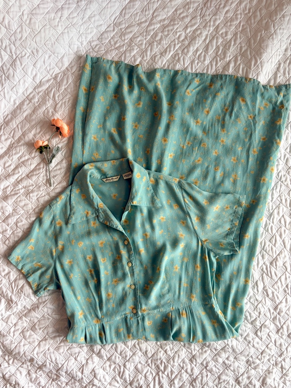 Eddie Bauer Blue Yellow Floral Button Front Midi Dress Pockets Size MP